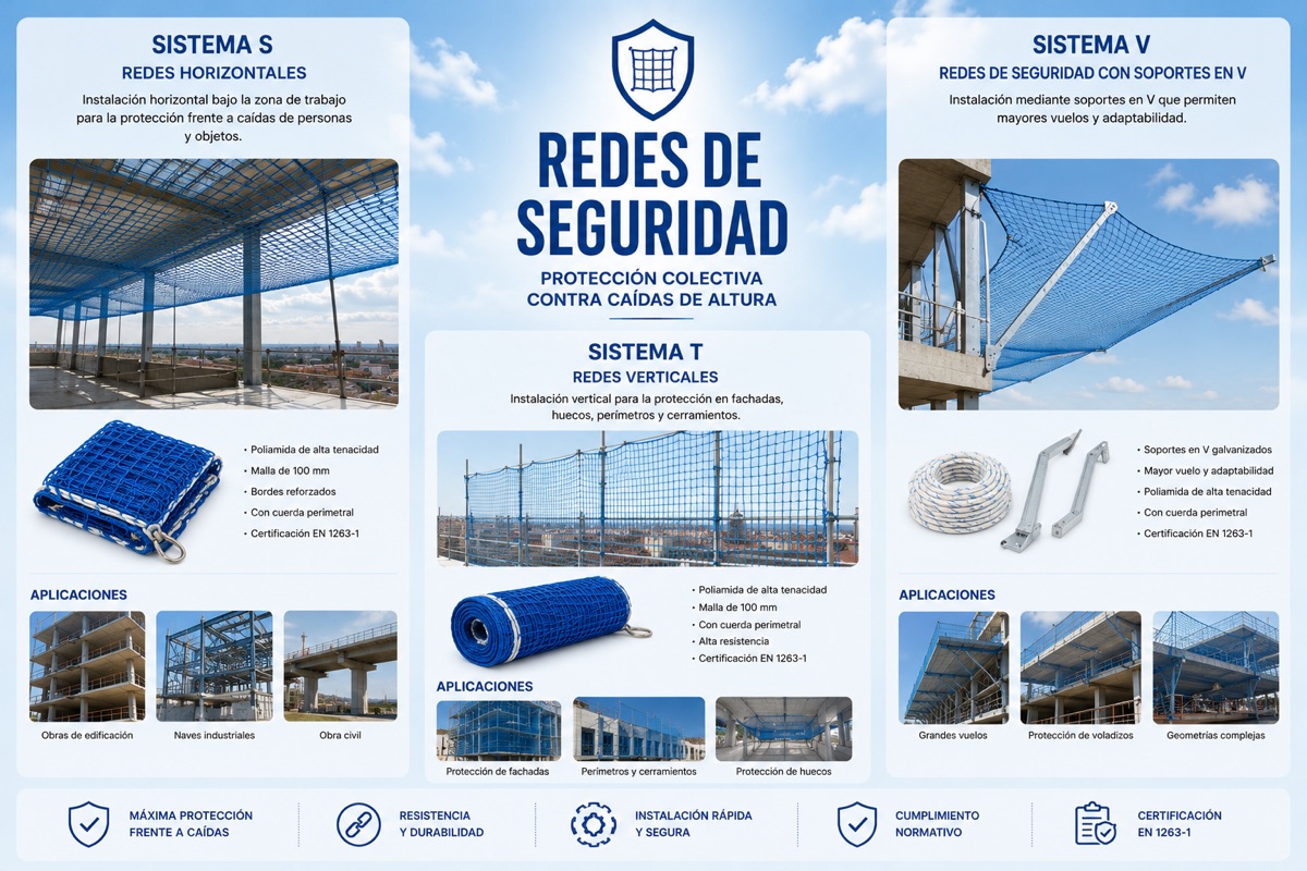 Redes de Seguridad EN 1263-1 | Protección Colectiva para Obras, Fachadas y Trabajos en Altura
